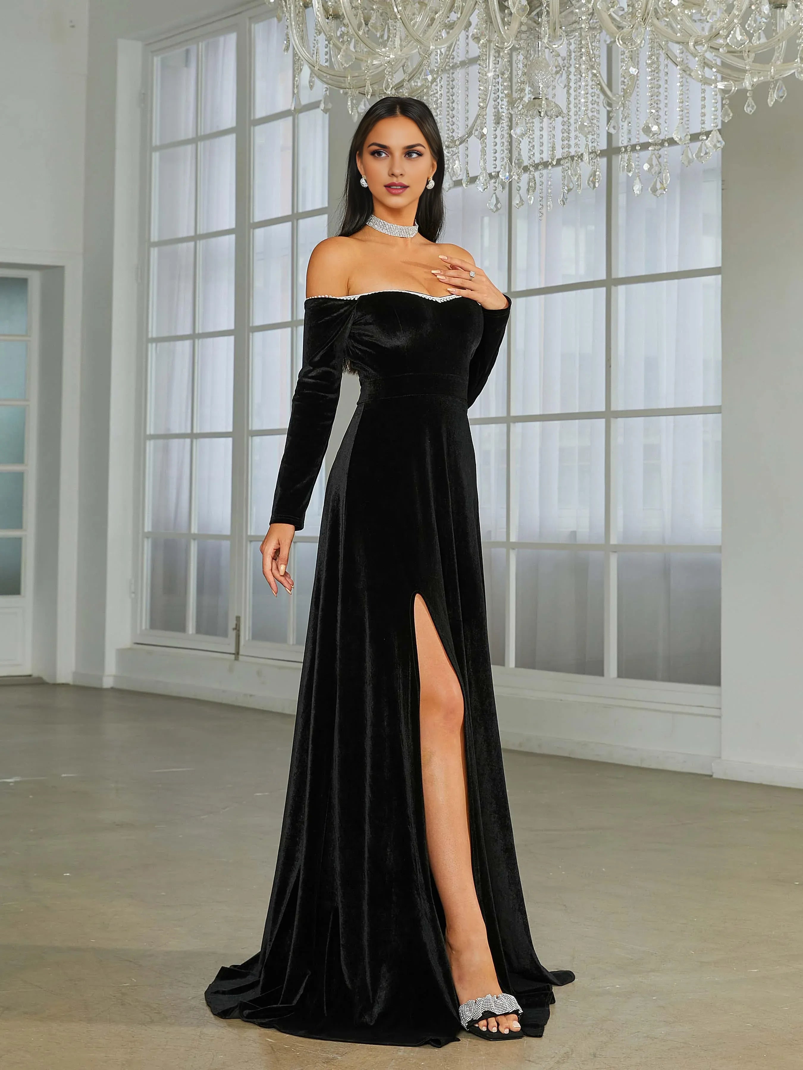 Fashion A-Line Off Shoulder Long Sleeve Back Zip Floor-Length Prom Dress